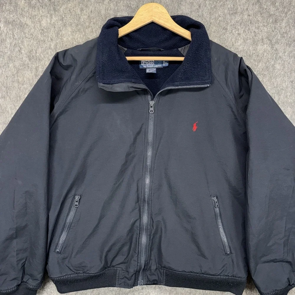 Vintage Polo Ralph Lauren Fleece Lined Jacket Men XL Blue Full Zip Preppy Bomber